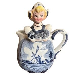 Vintage Ceramic Dutch Girl Creamer Pitcher White & Blue Delft-style Japan